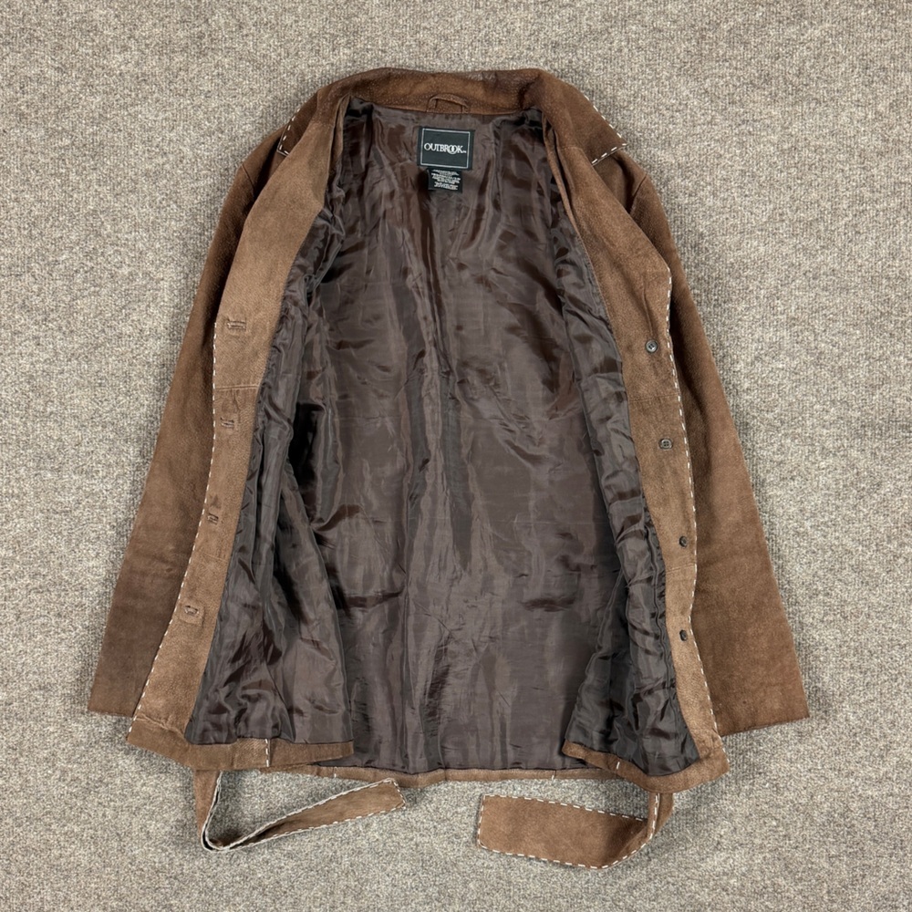 Outbrook Brown Suede Leather Belted Jacket Women’s Medium Contrast Stitching Y2K - Picture 4 of 15